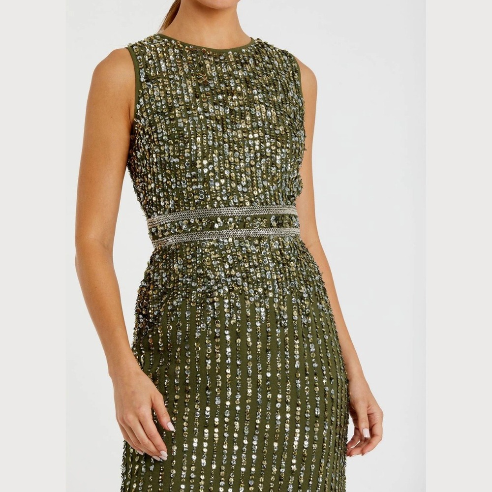 Mac Duggal Size 14 Green Silver Gold Sequin High Neck Long Maxi Gown Dress‎ - Picture 4 of 5